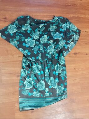 Off-Shoulder Floral Midi Dress in Teal and Black